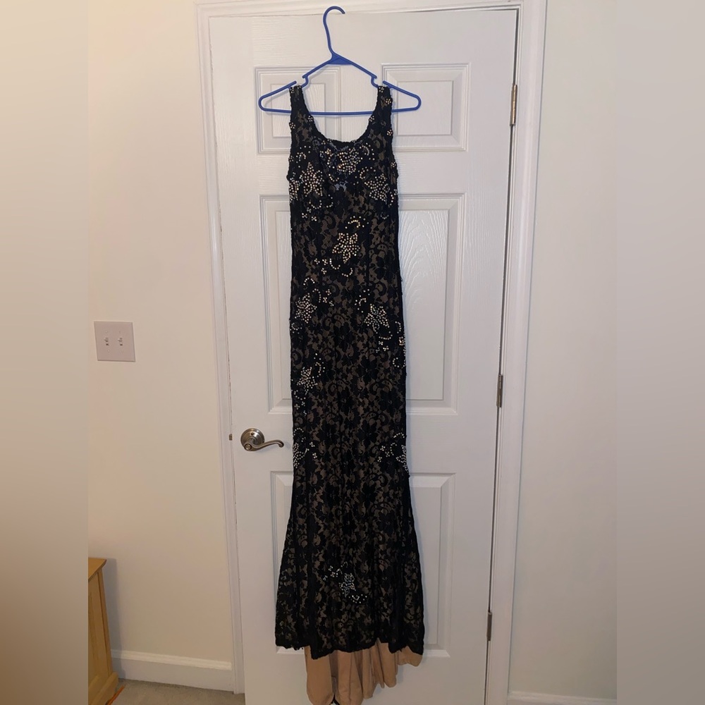 Jovani Black Lace with rhinestones, open back, and long train